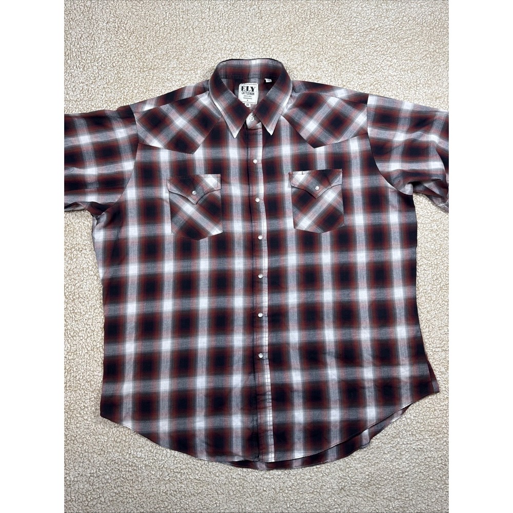 Ely Cattleman Men Button Up Shirt XXL Gray Red Plaid Flannel Western Pearl Snap